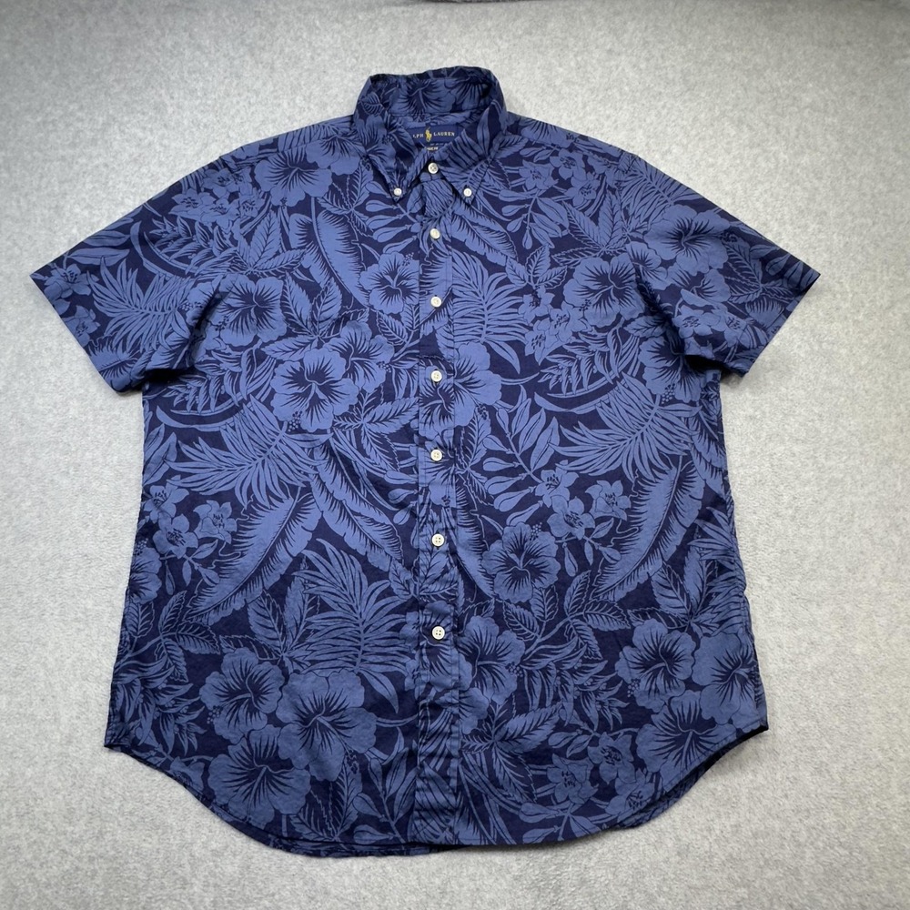 Ralph Lauren Shirt Men Large Blue Hawaiian Floral Short Sleeve Button Down Light